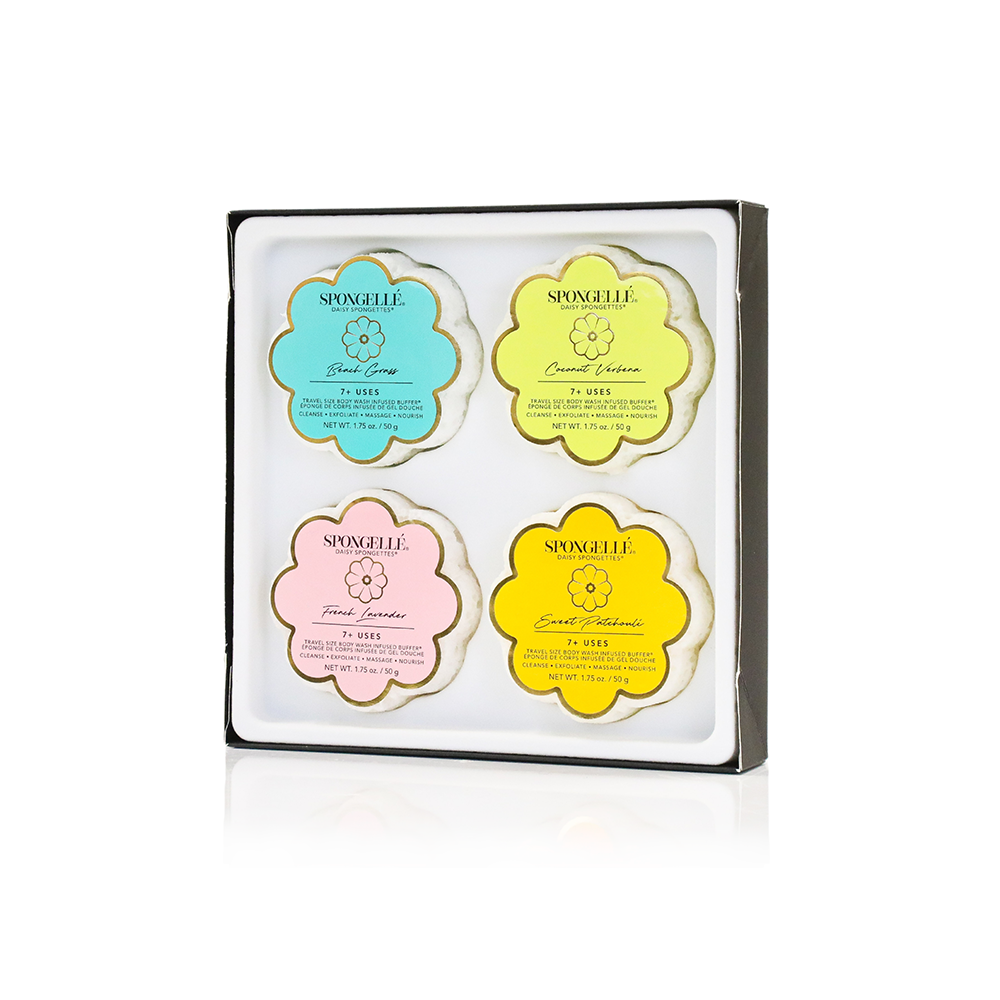 Spongellé Spongette Quartet Body Gift Set with four exfoliating body sponges in colorful packaging