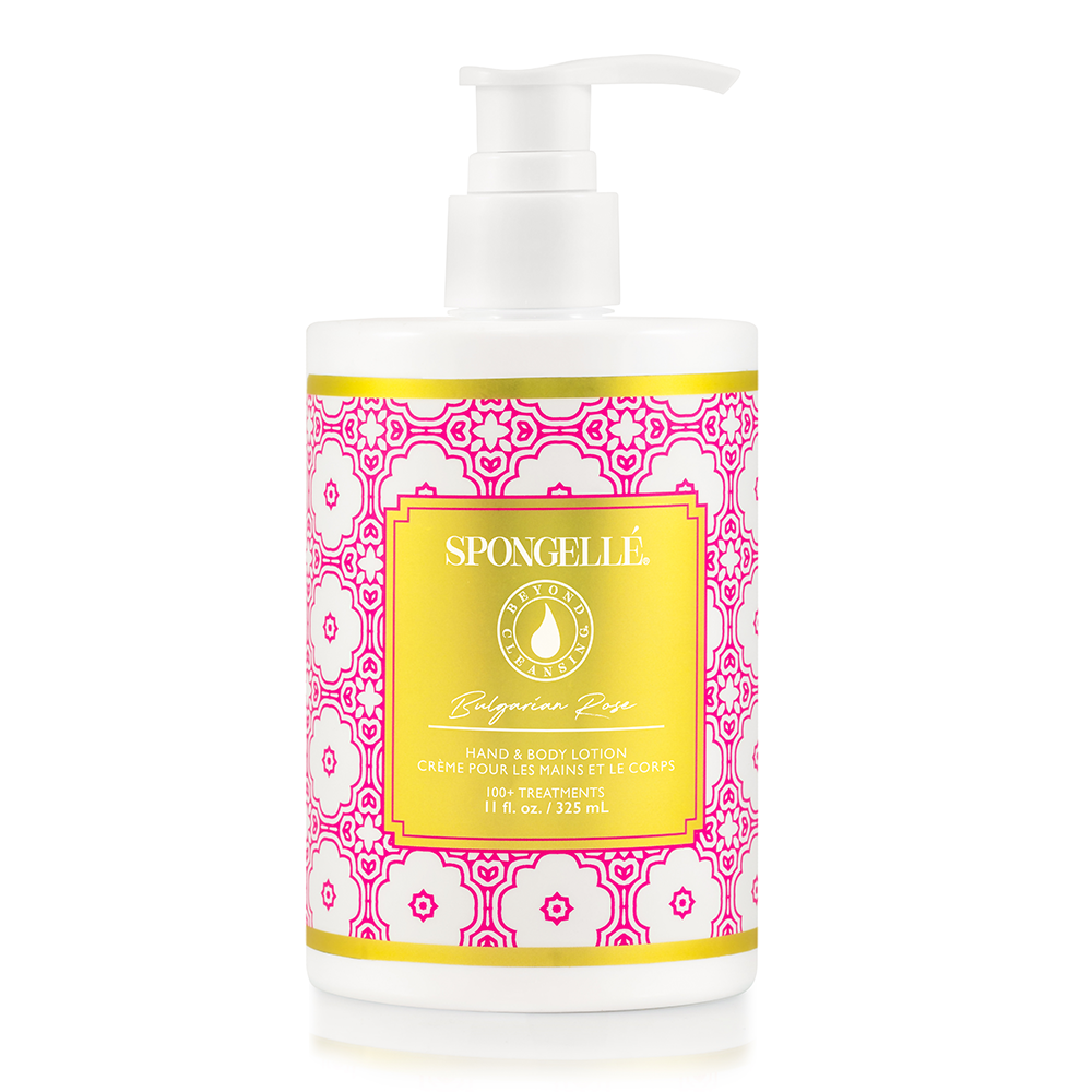 Spongellé Bulgarian Rose body lotion bottle with floral label and elegant packaging for nourishing skin care.