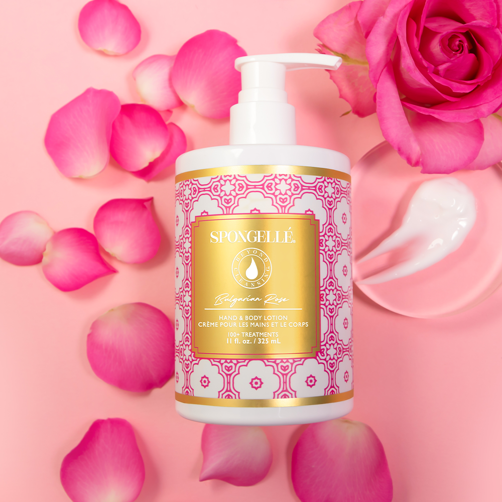 Spongellé Bulgarian Rose Body Lotion with floral scent, creamy texture, and elegant packaging for nourishing skin.