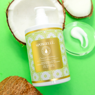 Spongellé Coconut Verbena Body Lotion bottle with floral and tropical design, emphasizing hydrating skincare.