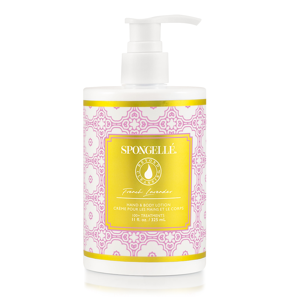 Spongellé French Lavender Body Lotion bottle with lavender floral design and white pump dispenser.