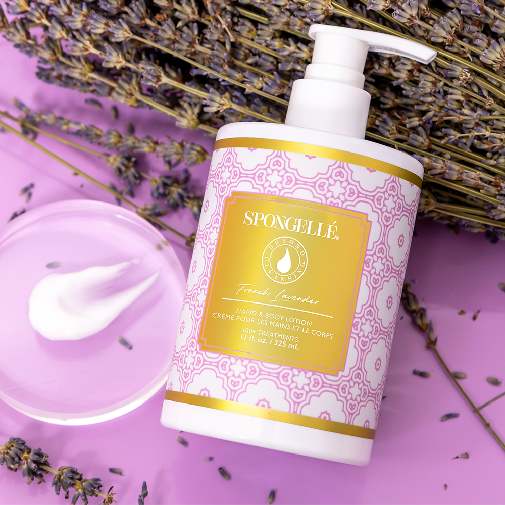 Spongellé French Lavender body lotion bottle with lavender flowers, showcasing a soothing, floral skincare product.