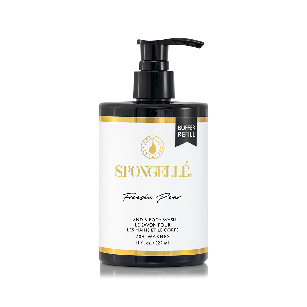 Spongellé Freesia Pear hand and body wash refill bottle with floral scent and elegant packaging.