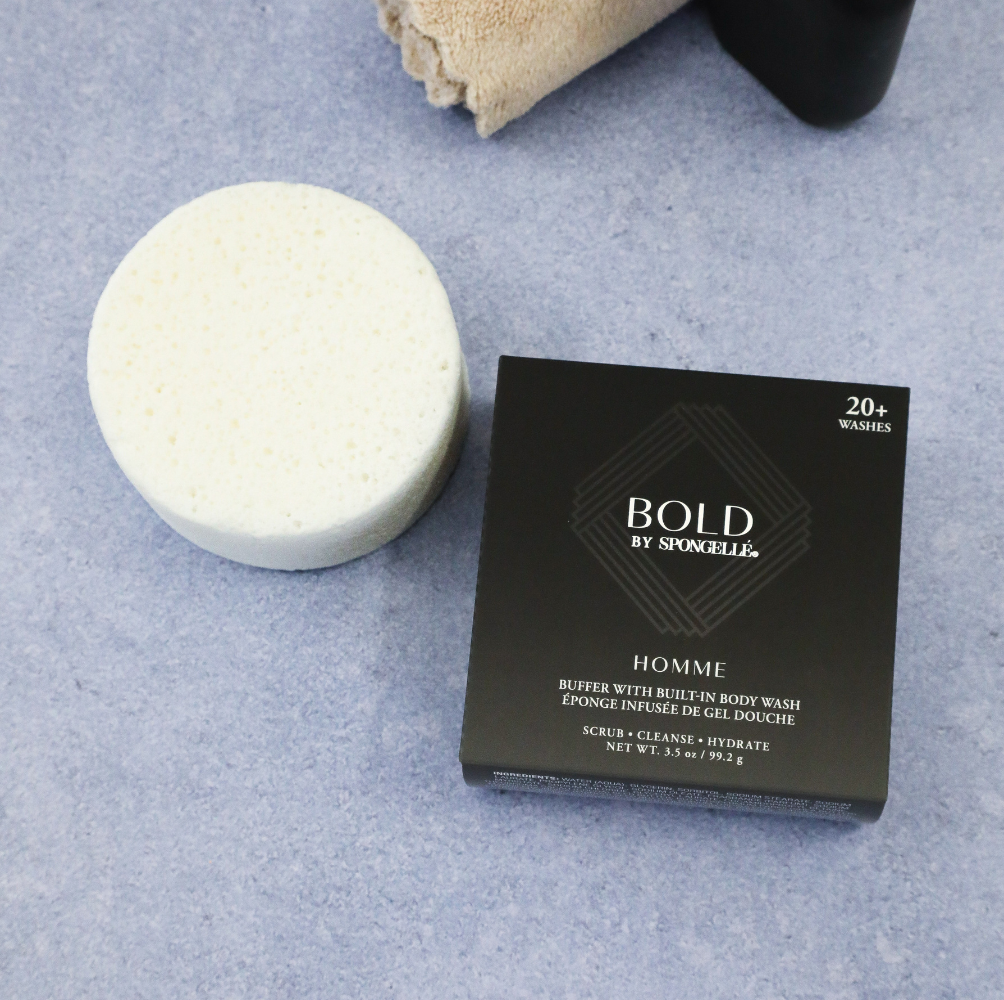 Spongellé Men's Bold Buffer body wash-infused exfoliating buffer with textured surface for cleansing and grooming.