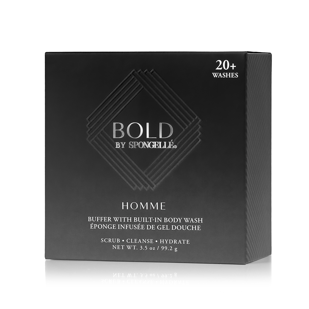 Men's Bold Buffer by Spongellé, a body wash infused buffer with textured surface for exfoliating and cleansing skin.