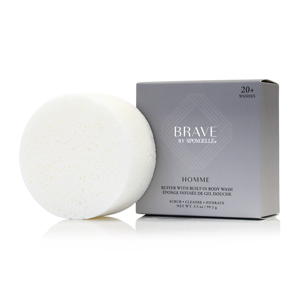 Men's Brave Buffer, a Spongellé body wash infused buffer with textured surface for cleansing and exfoliating skin.