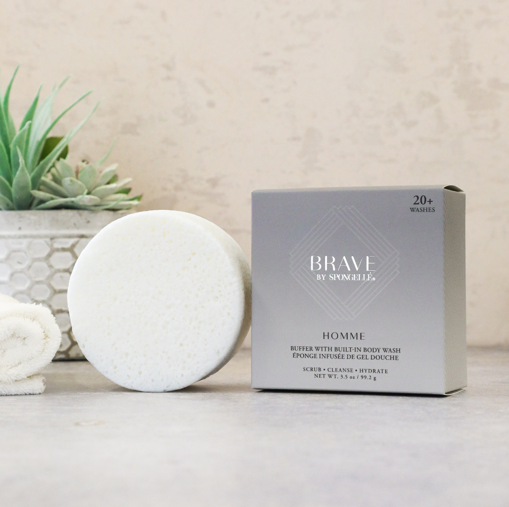 Men's Brave Buffer by Spongellé, a body wash-infused buffer with textured surface for cleansing and exfoliating skin.