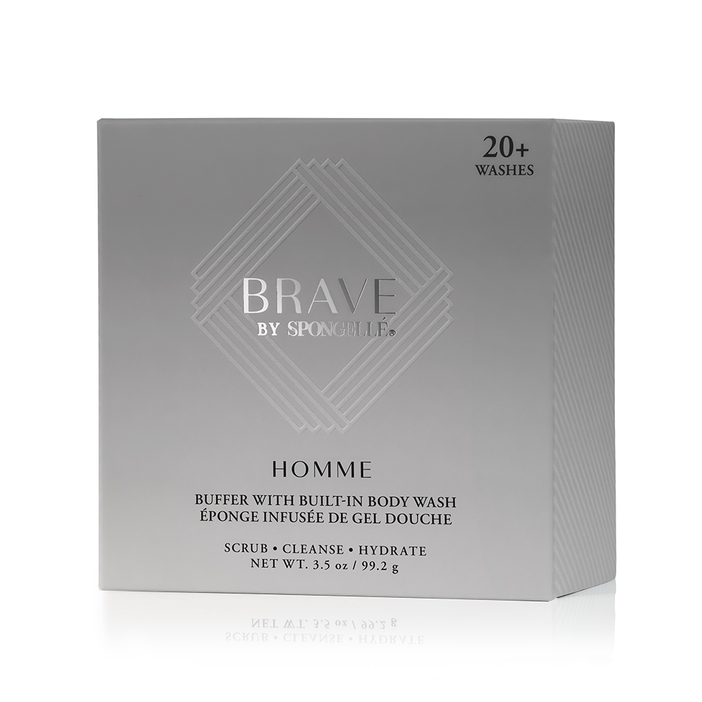 Men's Brave Buffer body wash infused buffer by Spongellé, designed for cleansing and exfoliating skin.