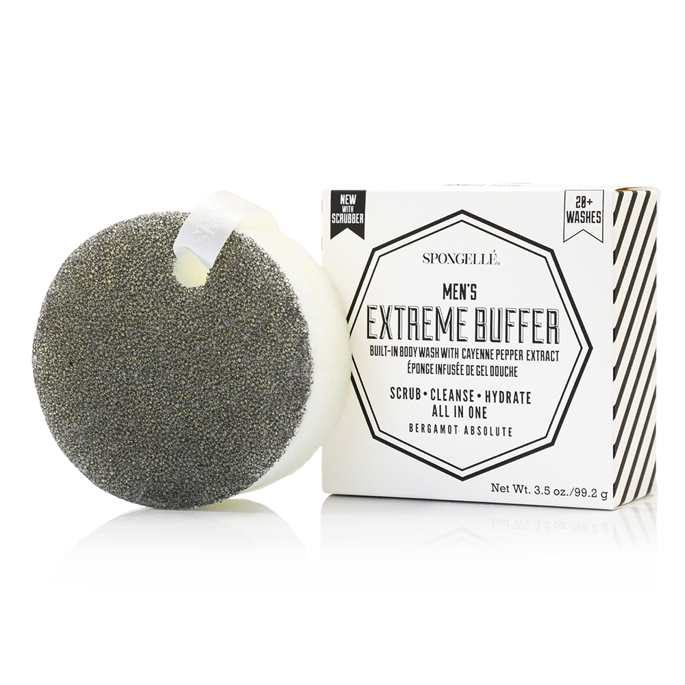 Black men's body wash infused buffer sponge from Spongellé, designed for deep cleansing and exfoliation.