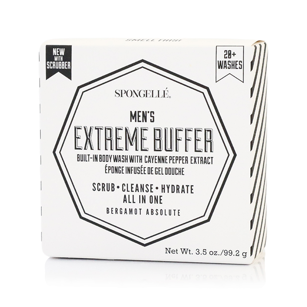 Men's Extreme Buffer by Spongellé, black body wash-infused scrubber for exfoliating and cleansing skin.