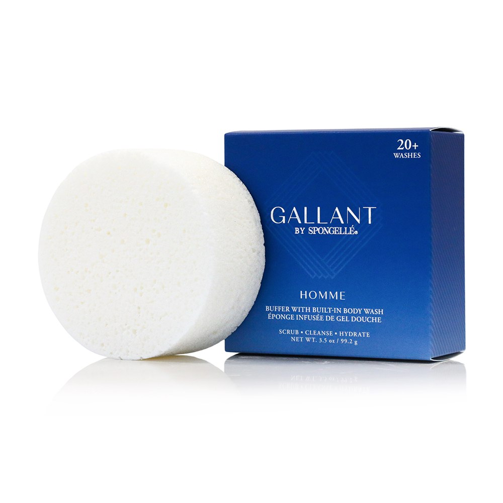 Men's Gallant Buffer by Spongellé, a body wash infused buffer for cleansing and exfoliating men's skin.