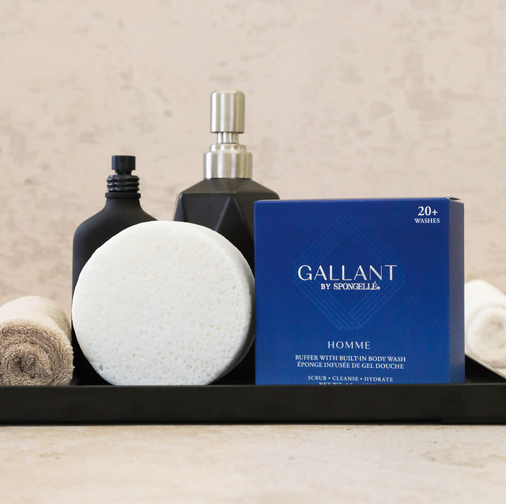 Men's Gallant Buffer by Spongellé, a body wash infused buffer with a textured surface for gentle cleansing and exfoliation.
