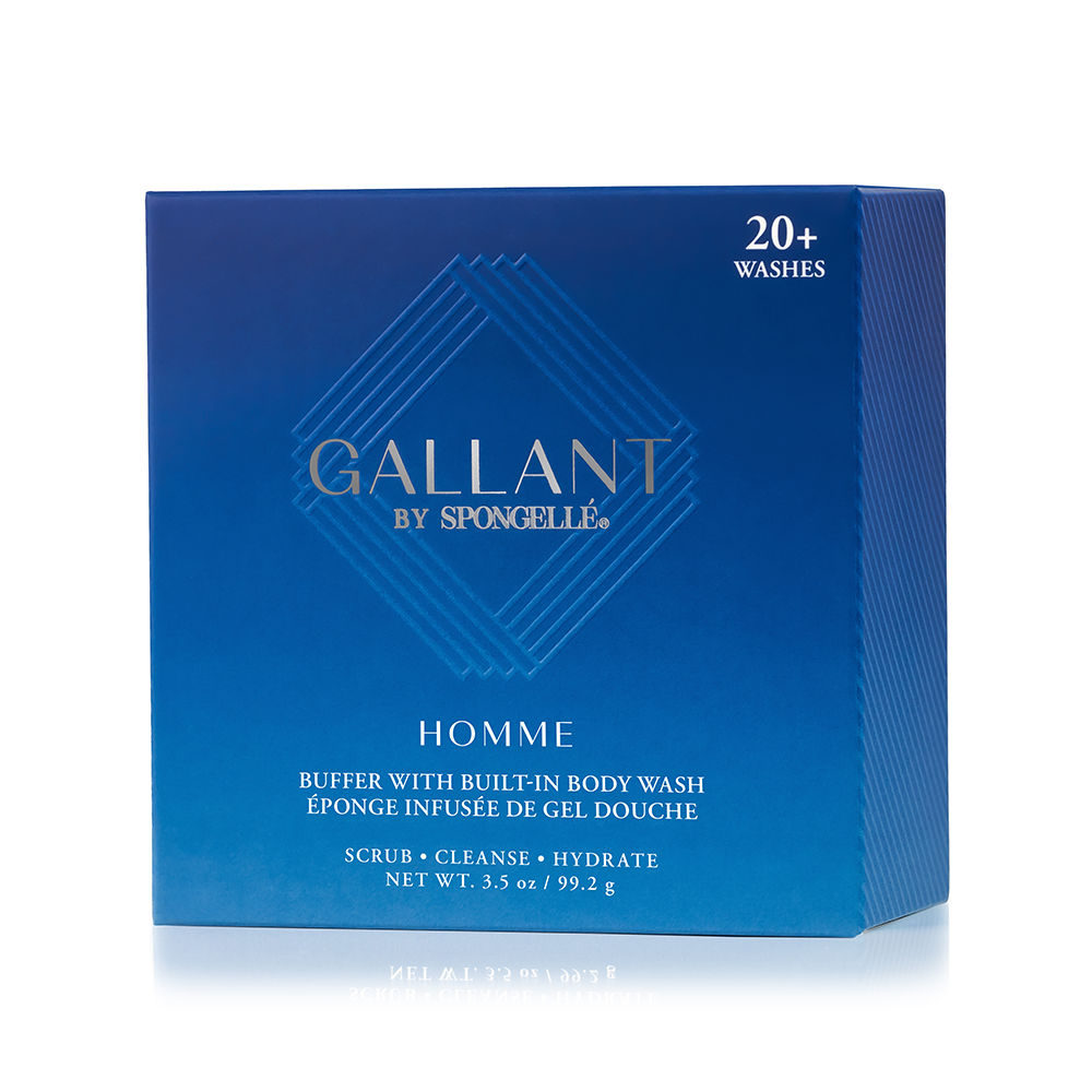 Men's Gallant Buffer by Spongellé, a body wash infused buffer with a textured surface for cleansing and exfoliating skin.