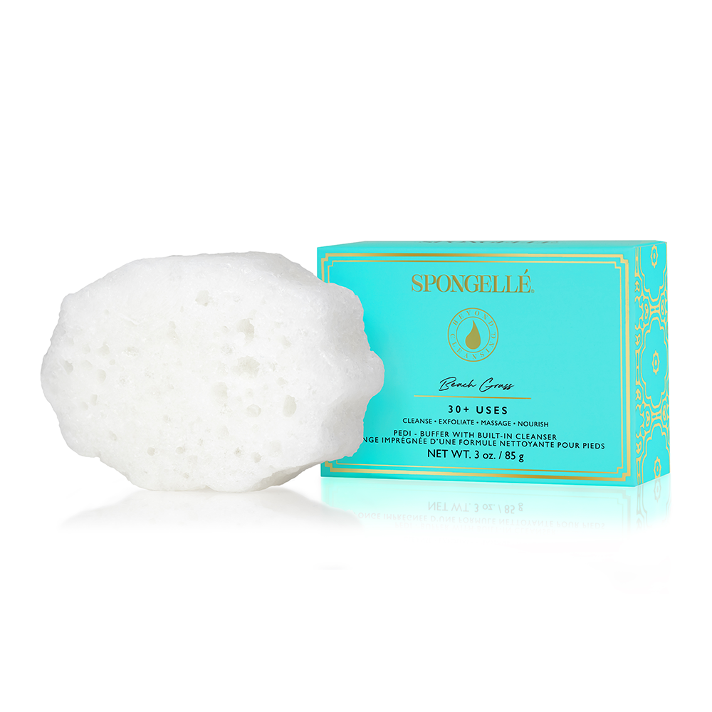 Spongellé Beach Grass Pedi Buffer for gentle foot exfoliation and smoothing, infused with body wash for soft, refreshed skin.
