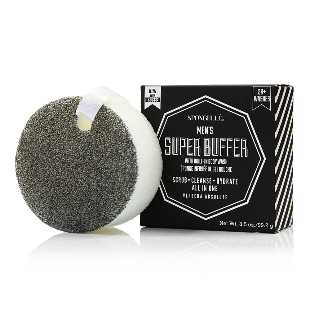Men's Black Spongellé Super Buffer body wash infused scrubber for exfoliating and cleansing skin.