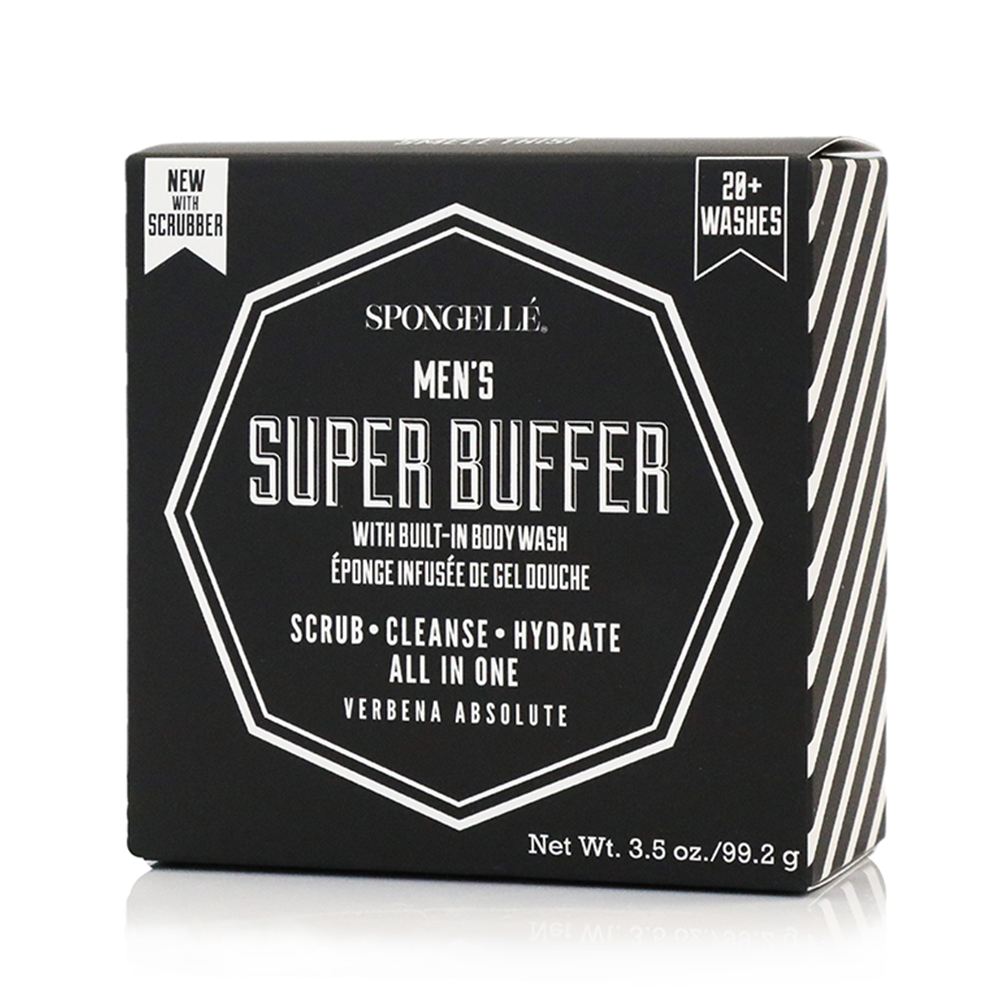 Men's Spongellé Super Buffer black body wash-infused scrubber, durable exfoliating buffer for cleansing and skin renewal.