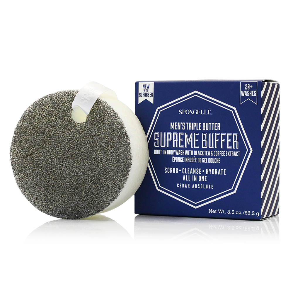 Men's Supreme Buffer by Spongellé, black body wash infused scrubber for exfoliating and cleansing skin.