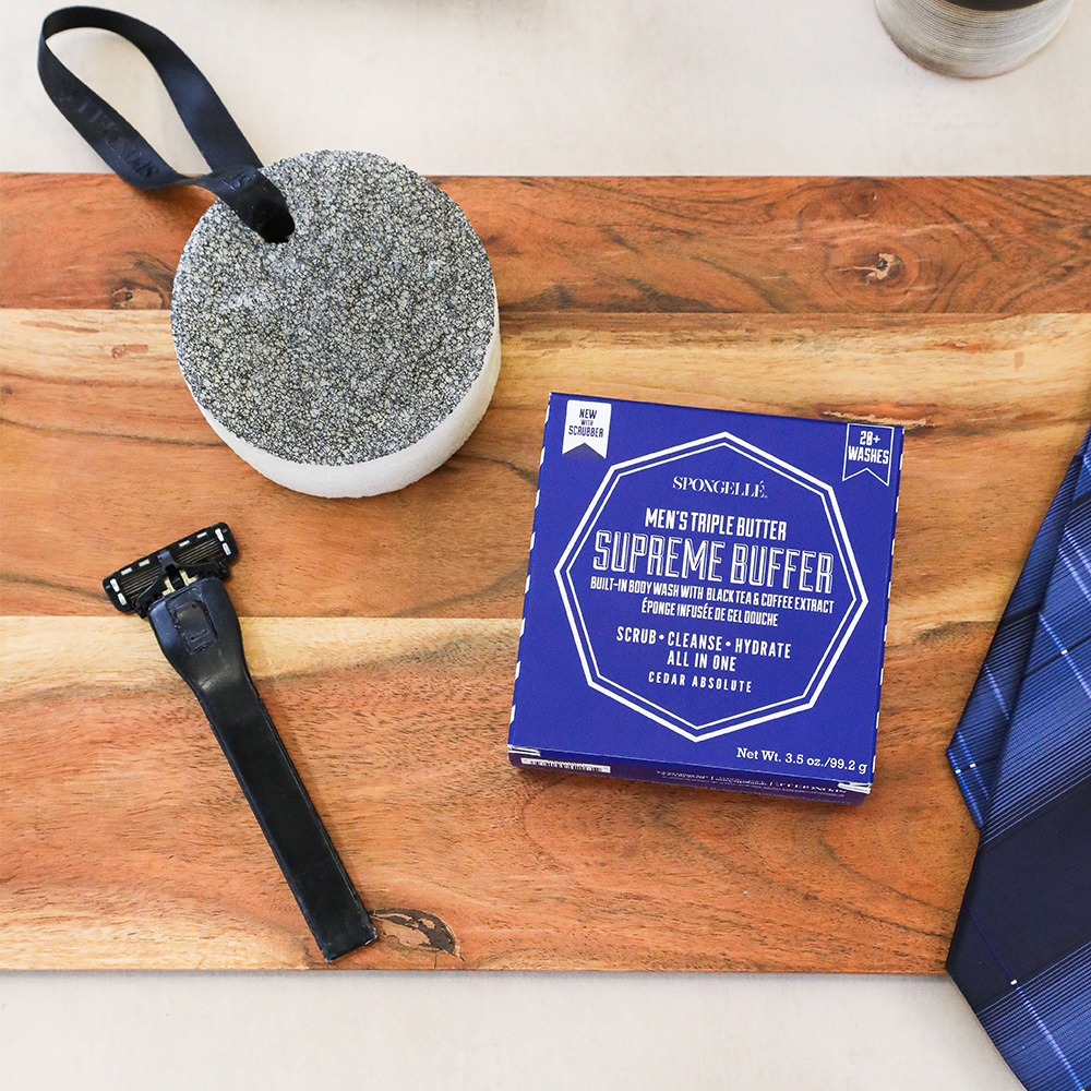 Men's Supreme Buffer by Spongellé, black body wash-infused buffer for exfoliating and cleansing skin.