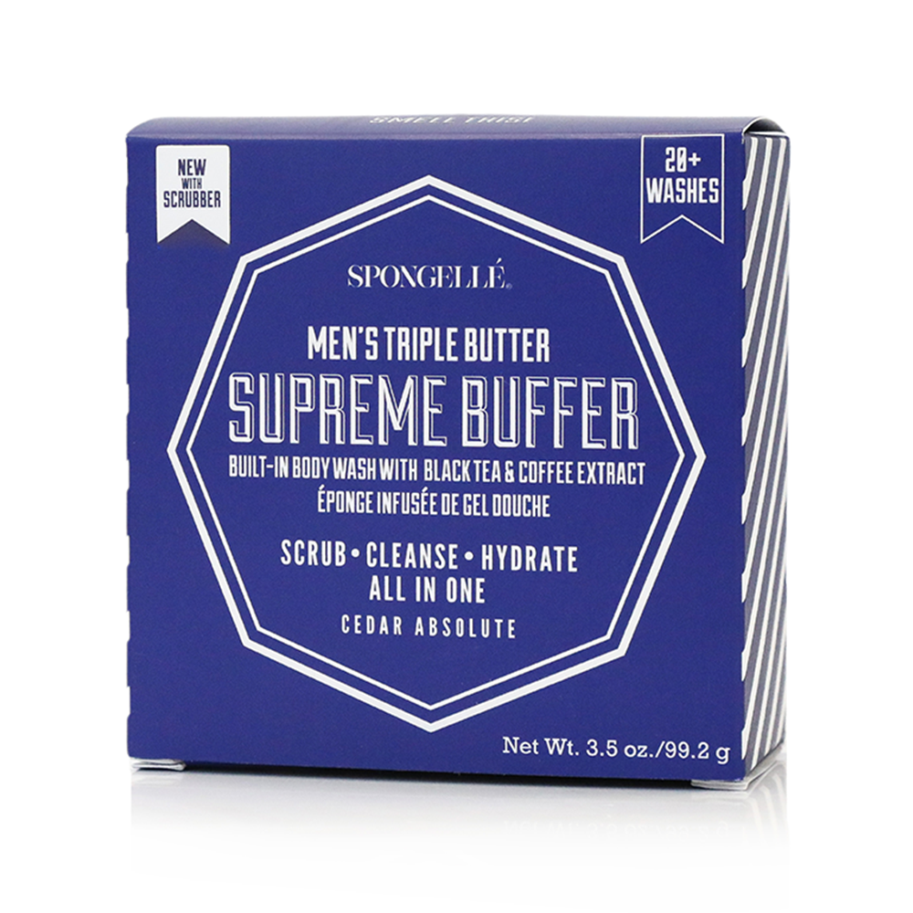Spongellé men's Supreme Buffer black body wash-infused buffer with scrubber for cleansing and exfoliating skin.