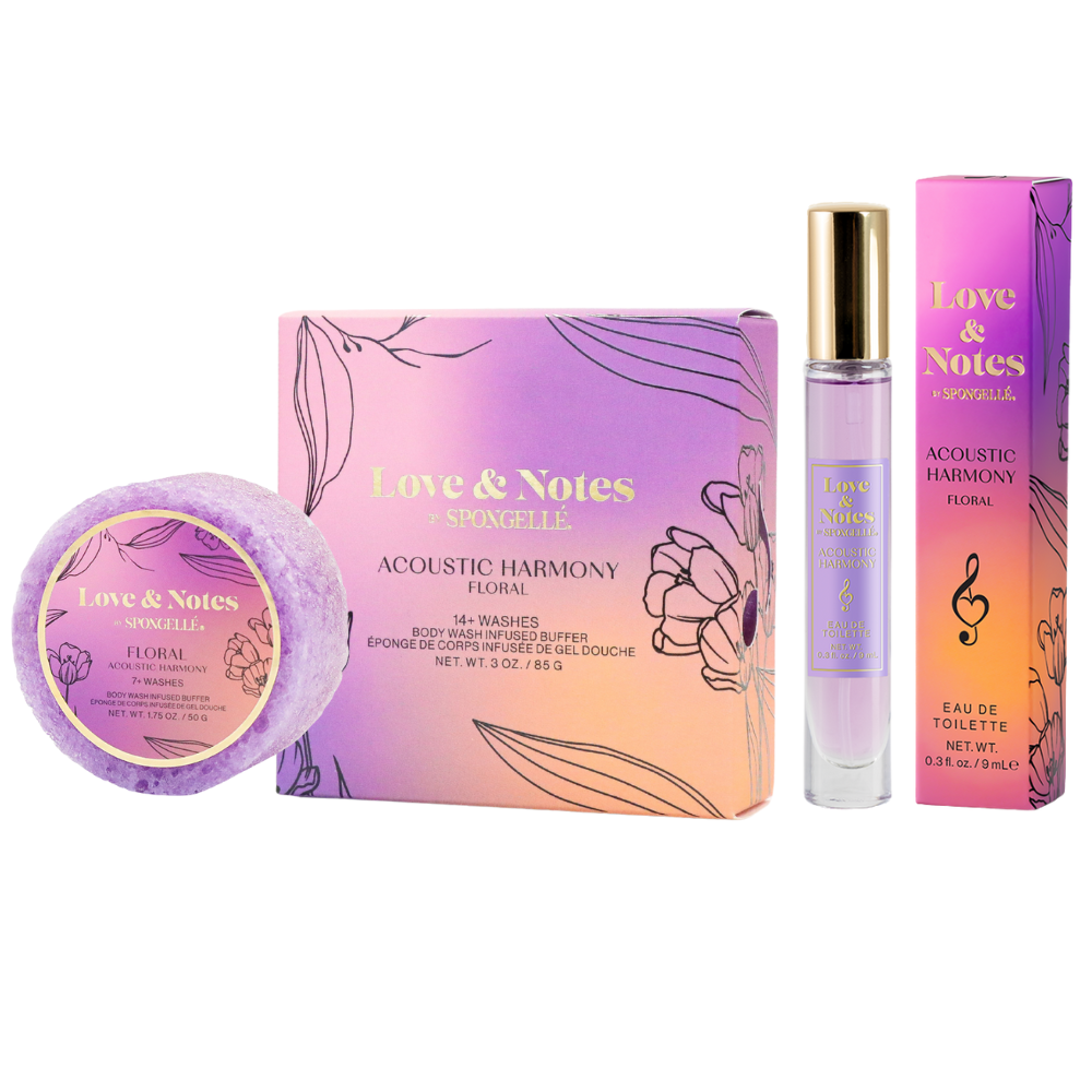 Spongellé Acoustic Harmony Love & Notes Trio Set body wash-infused buffers with floral and musical design and textured surface.