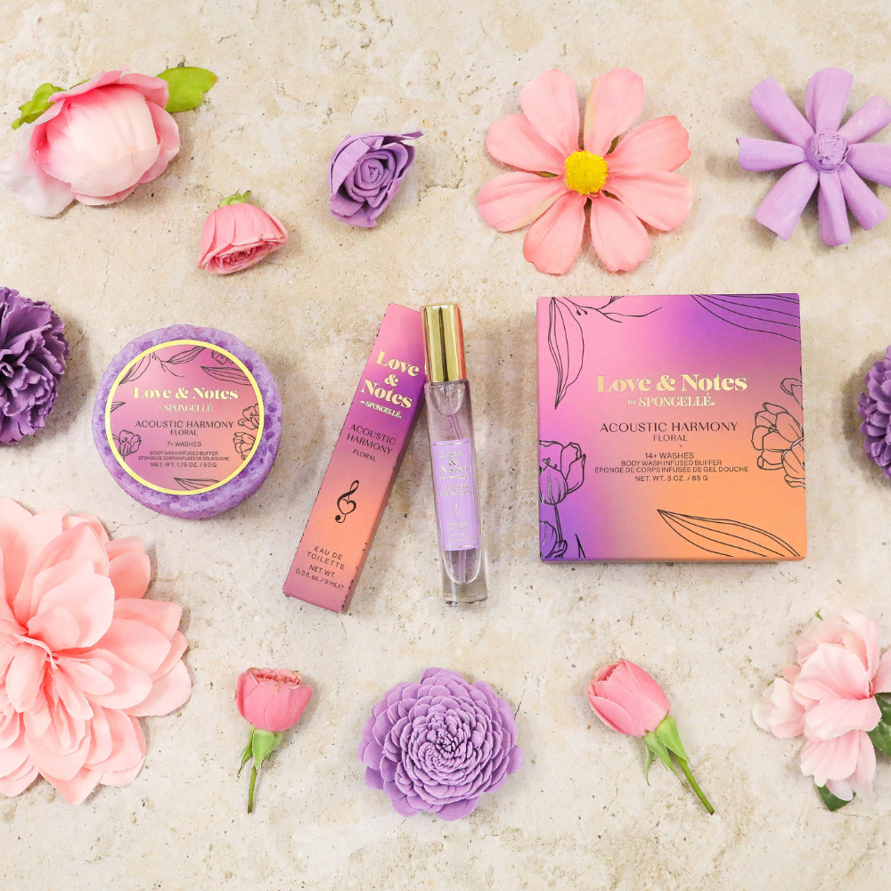 Spongellé Acoustic Harmony Love & Notes Trio Set with body wash-infused buffers in decorative packaging.