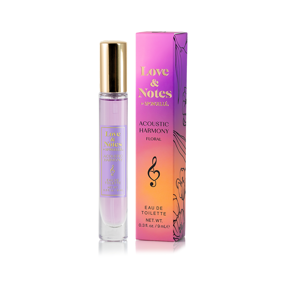 Spongellé Acoustic Harmony Love & Notes Trio Set with body wash-infused buffers, featuring floral and soothing scent patterns.