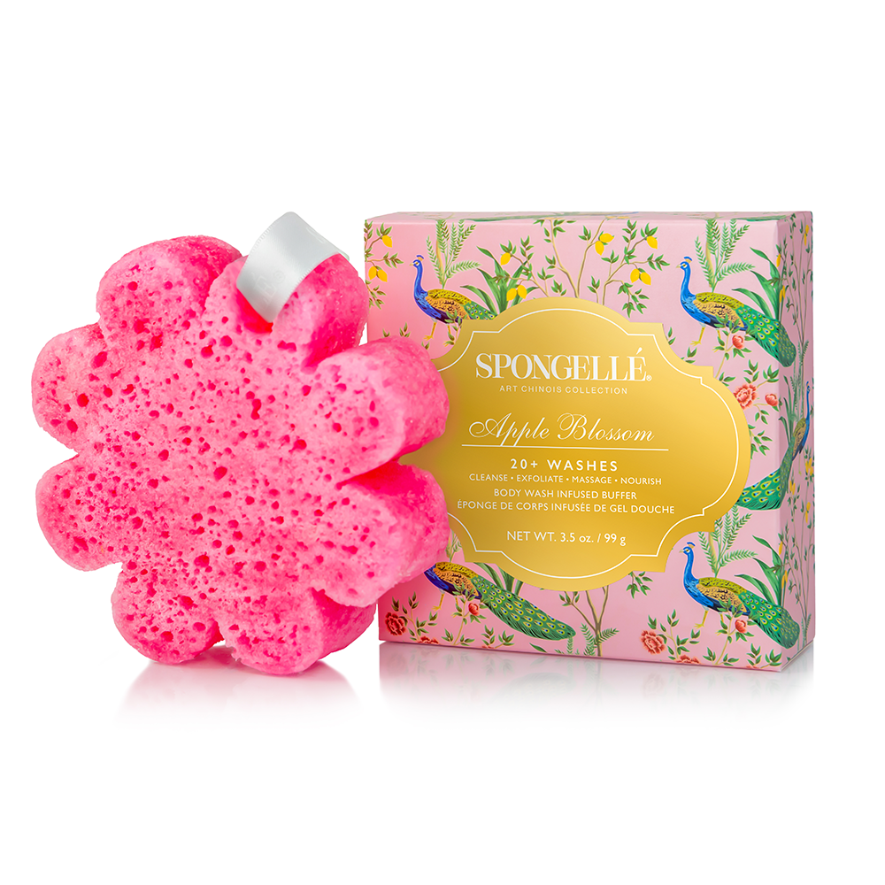 Spongellé Apple Blossom Art Chinois body wash infused buffer with floral design and exfoliating texture for skincare.