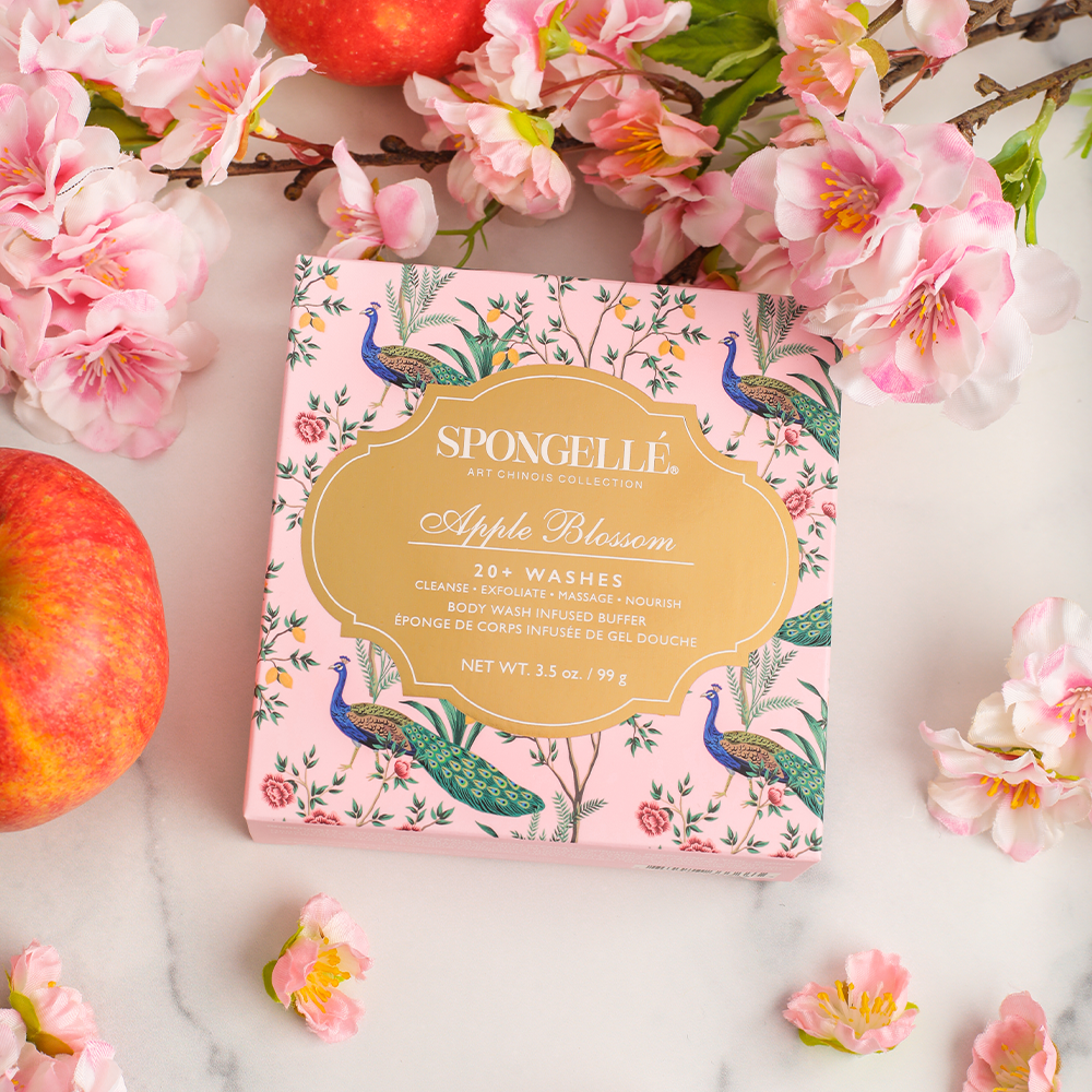 Spongellé Apple Blossom Art Chinois body wash-infused buffer, soft sponge with floral design and gentle exfoliating texture.