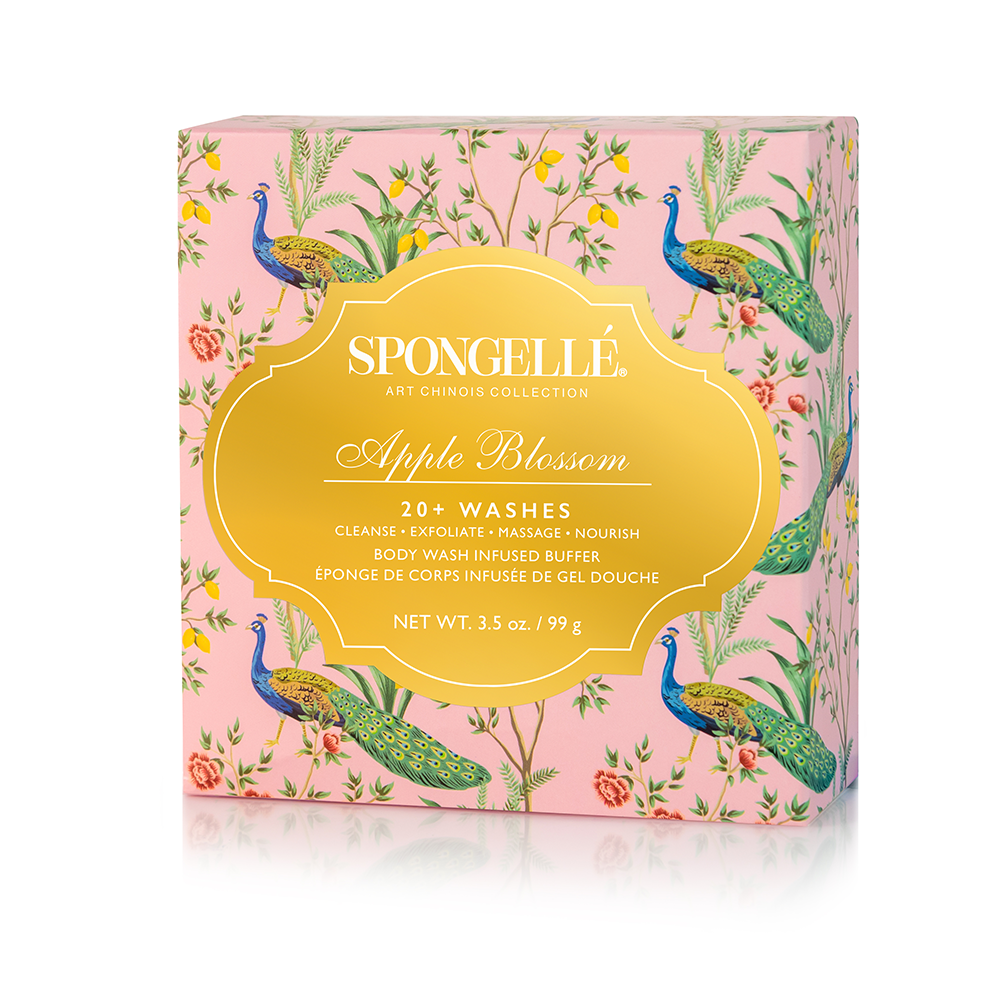 Spongellé Apple Blossom Art Chinois body wash-infused buffer with floral design and soft exfoliating surface.