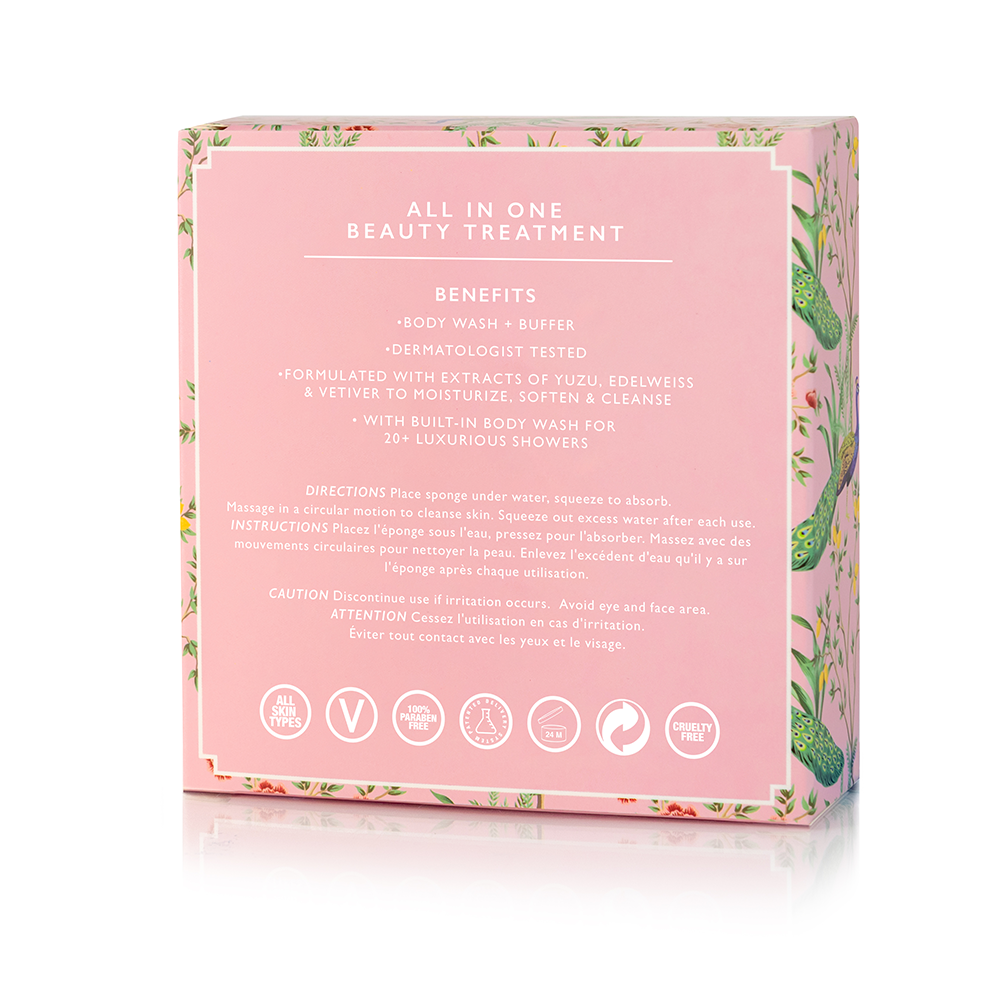 Spongellé Apple Blossom Body Wash Infused Buffer with floral design and soft sponge texture for gentle skin cleansing and exfoliation.