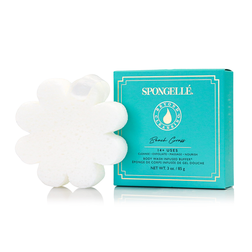 Spongellé Beach Grass Body Wash Infused Buffer in a boxed flower design, soft sponge for gentle cleansing and exfoliation.