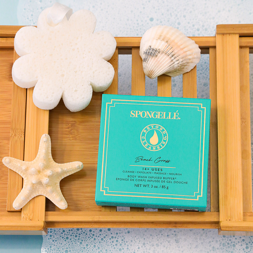Spongellé Beach Grass Body Wash Infused Buffer in boxed flower design, soft sponge with floral and beach grass pattern.