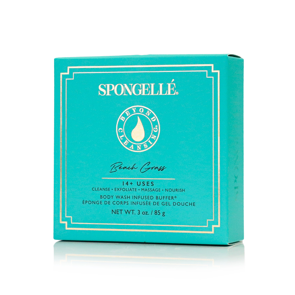 Spongellé Beach Grass Body Wash Infused Buffer in boxed flower packaging showing the exfoliating sponge with floral design.