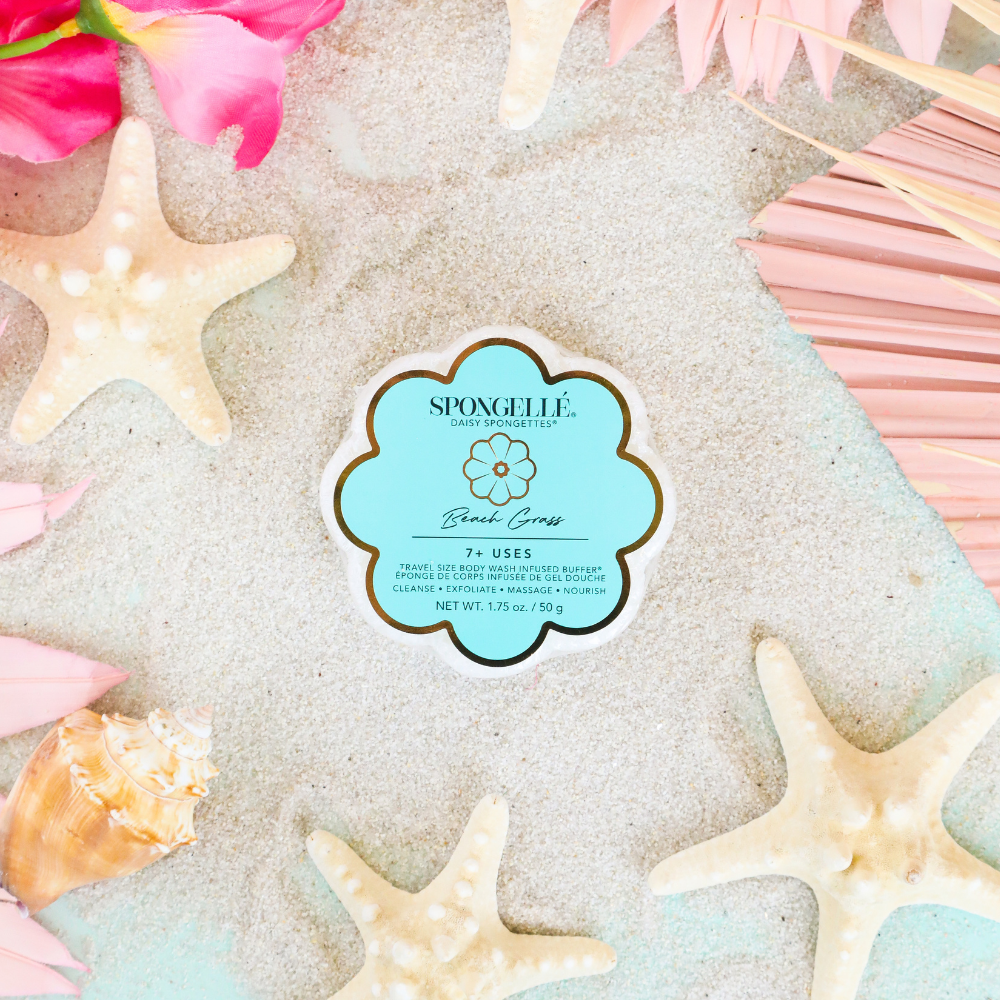 Spongellé Beach Grass Daisy Spongette body wash-infused buffer with floral design, soft textured sponge for gentle cleansing.