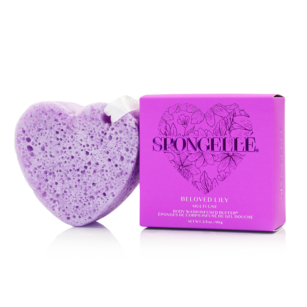 Spongellé Beloved Lily Heart Buffer, a body wash infused exfoliating buffer with floral lily scent, shown in soft pink design.