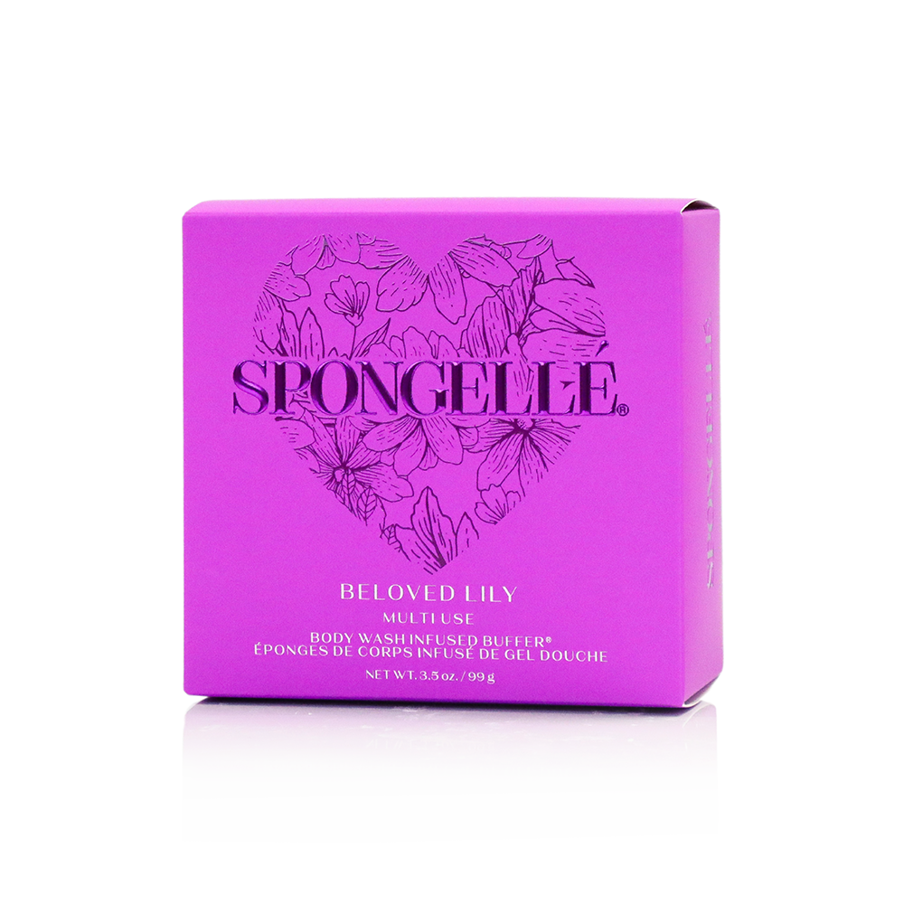 Spongellé Beloved Lily Heart Buffer, a body wash infused sponge with floral design and soft texture for gentle cleansing.