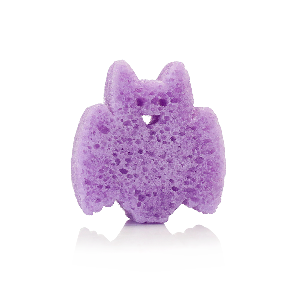 Spongellé Berry Bite Bat Boo Pals Buffer, a body wash infused buffer with berry scent, featuring a cute bat design.