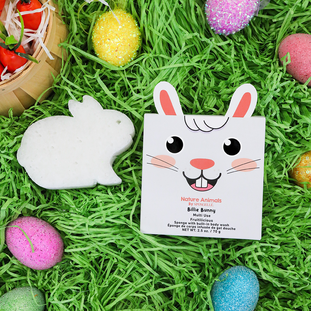Spongellé Billie Bunny body wash infused buffer with soft, plush bunny shape and floral scent, ideal for gentle cleansing.