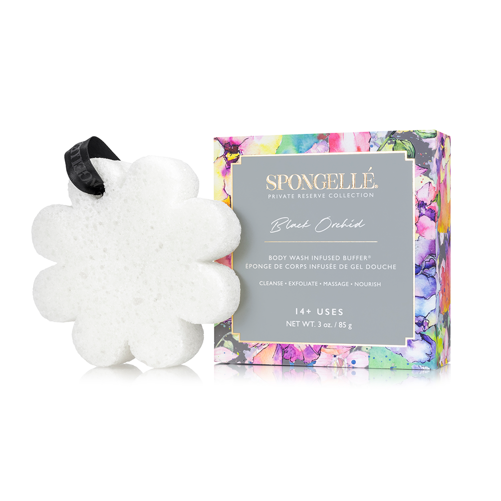 Spongellé Black Orchid Body Wash Infused Buffer in boxed floral design, soft exfoliating sponge with floral black orchid pattern.