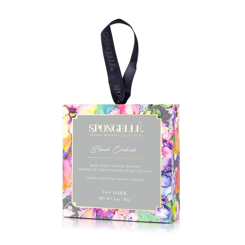 Spongellé Black Orchid Body Wash Infused Buffer in boxed flower packaging with black orchid design.