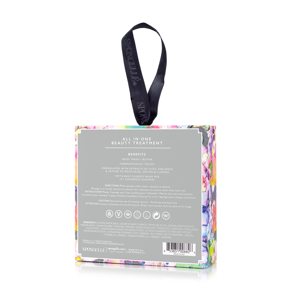 Spongellé Black Orchid body wash infused buffer in boxed flower packaging, soft texture and floral scent for gentle cleansing.