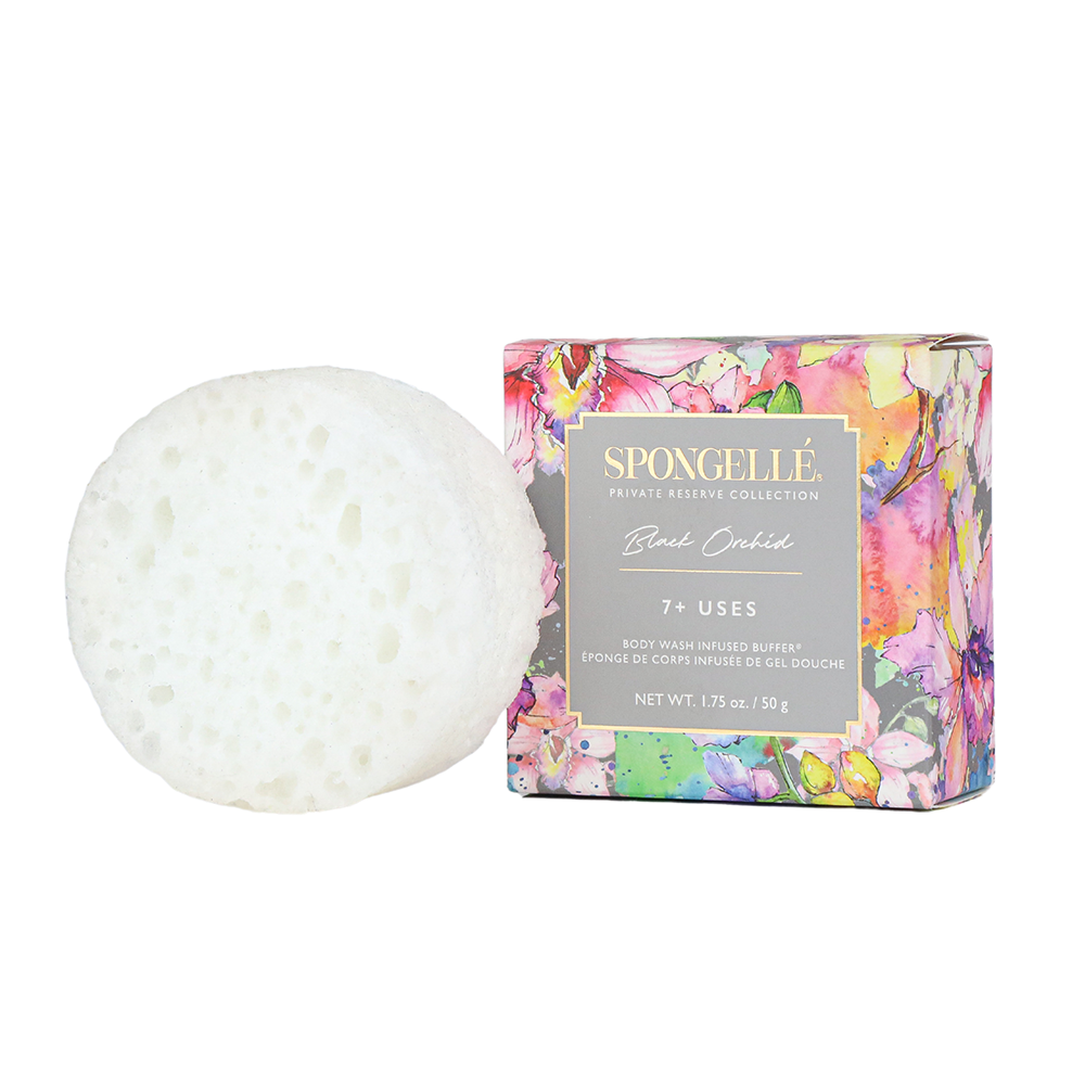 Black Orchid Spongette body wash infused buffer by Spongellé, soft sponge with black orchid fragrance for gentle cleansing.
