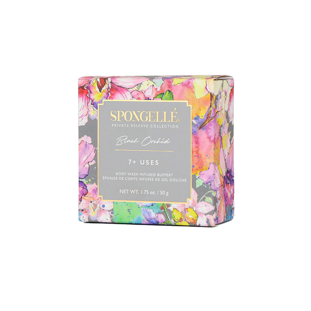 Black Orchid Spongette body wash infused buffer by Spongellé, soft sponge with black orchid scent and gentle cleansing texture.