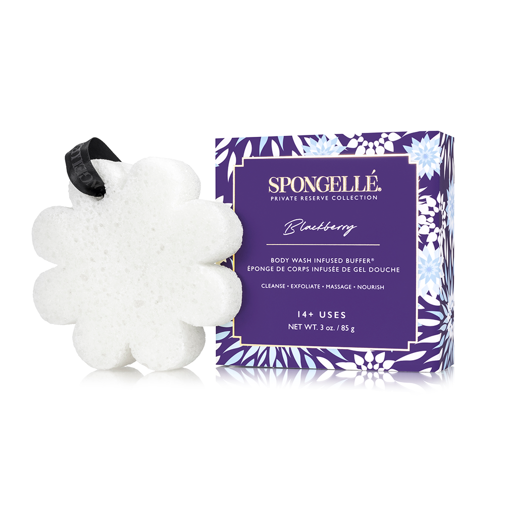 Spongellé Blackberry Body Wash Infused Buffer in a boxed flower design, soft exfoliating and cleansing body buffer.