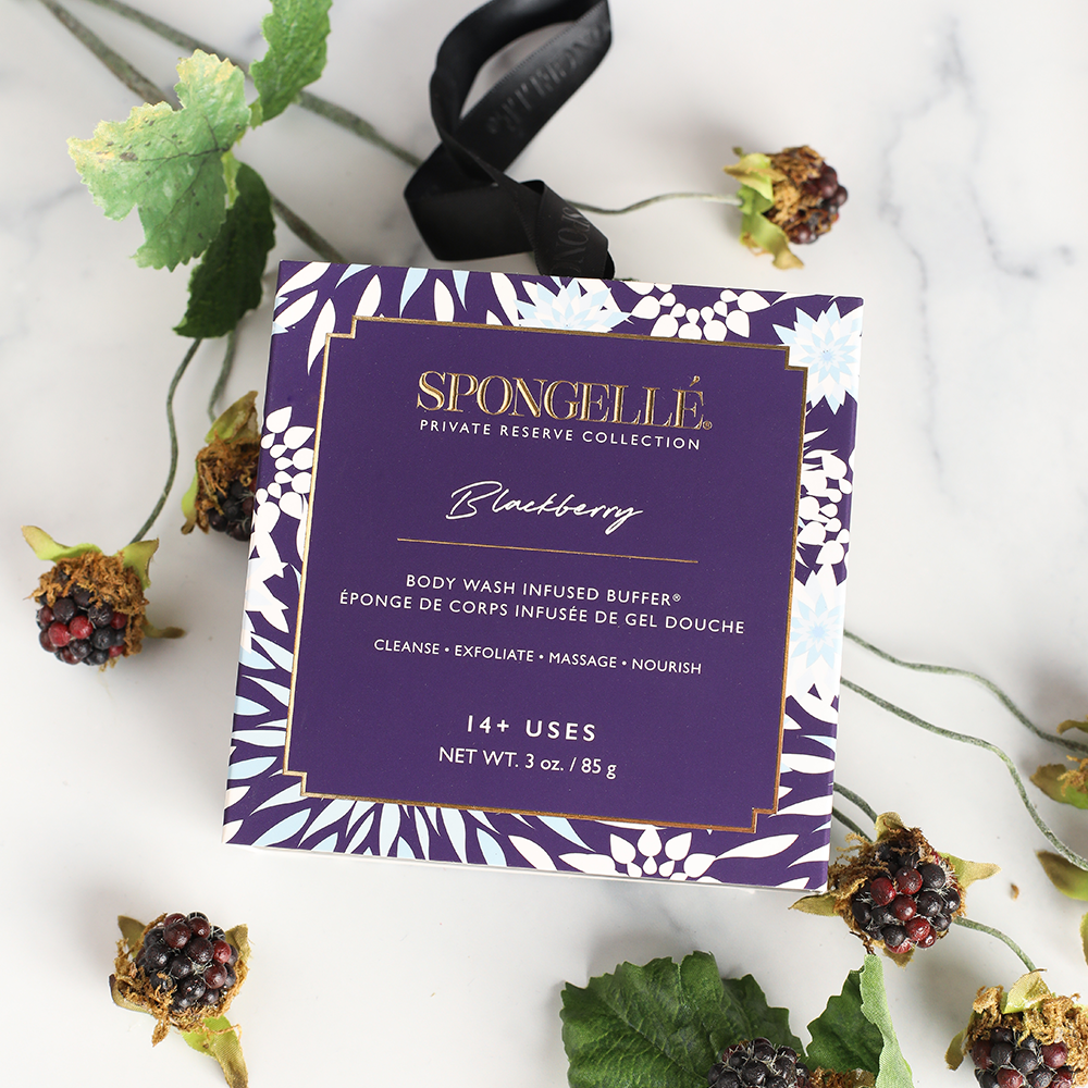 Spongellé Blackberry Boxed Flower Body Wash Infused Buffer displaying a floral-designed body buffer with blackberry scent