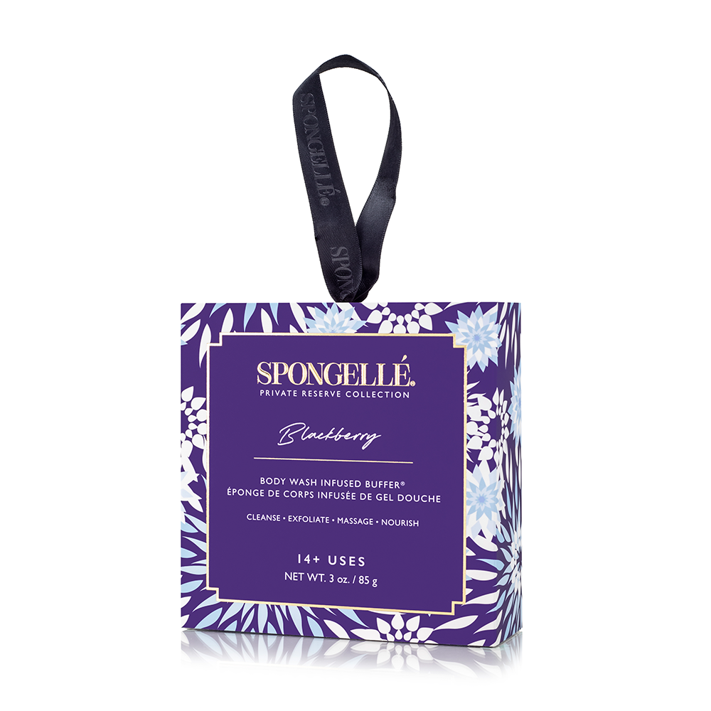 Blackberry scented Spongellé Boxed Flower body wash infused buffer with floral packaging and textured sponge for gentle cleansing.