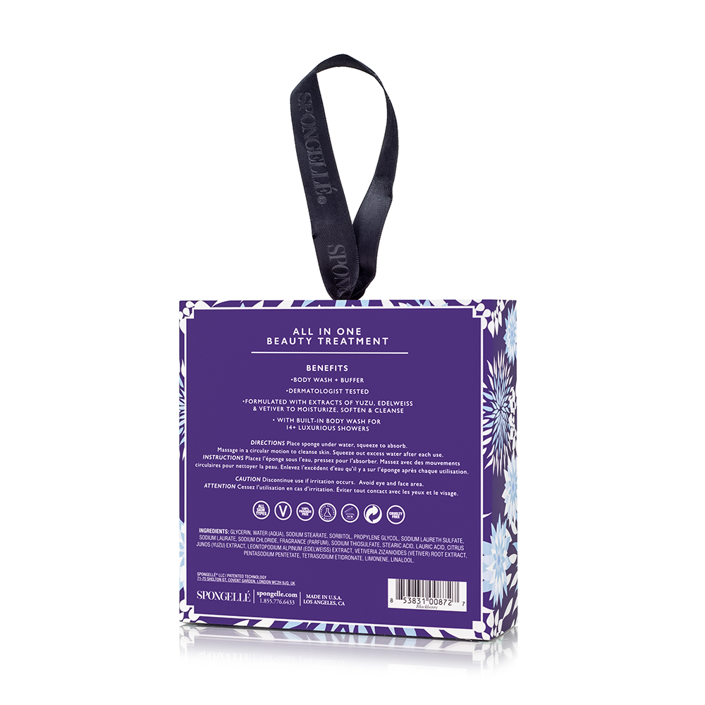 Spongellé Blackberry Body Wash Infused Buffer with boxed floral design, soft sponge for cleansing and nourishing skin.