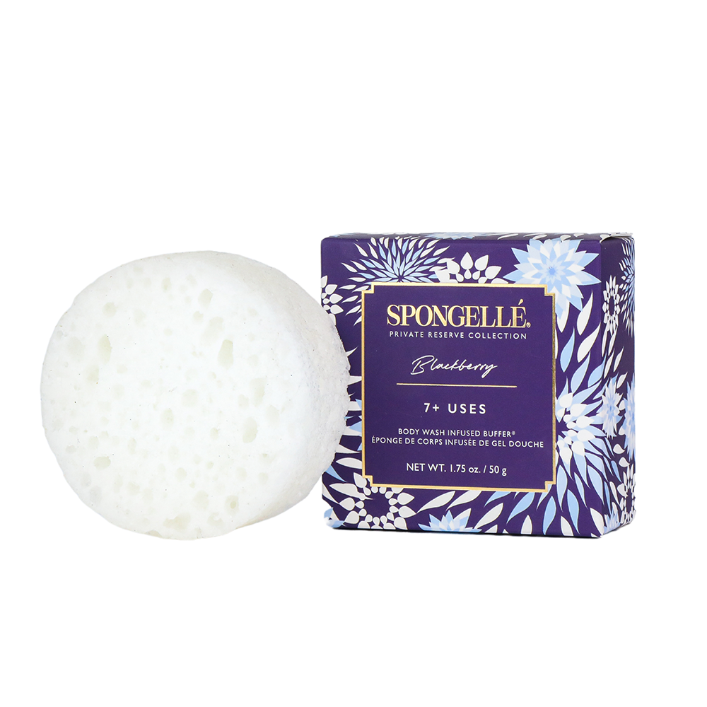Blackberry Spongette body wash infused buffer by Spongellé, soft sponge with blackberry-scented cleansing and exfoliating properties.