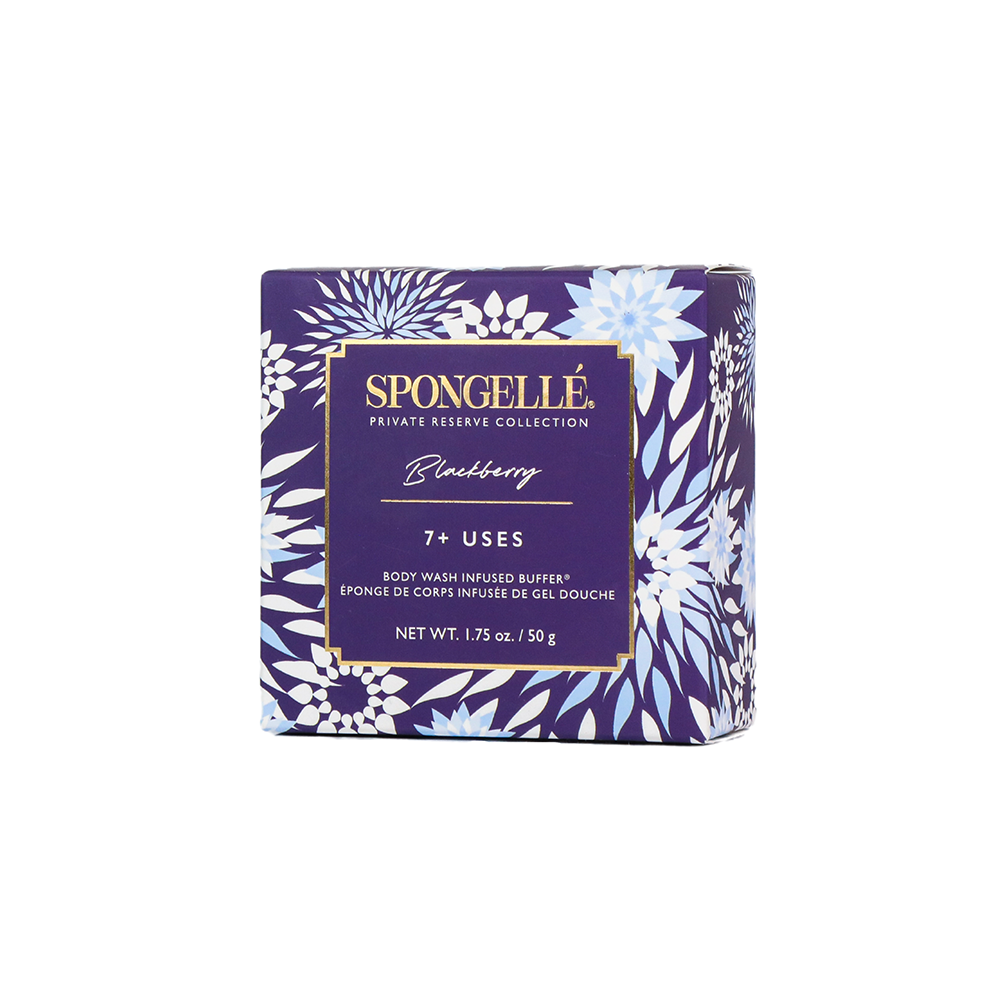 Blackberry Spongette body wash infused buffer by Spongellé, showing the textured sponge designed for gentle cleansing.