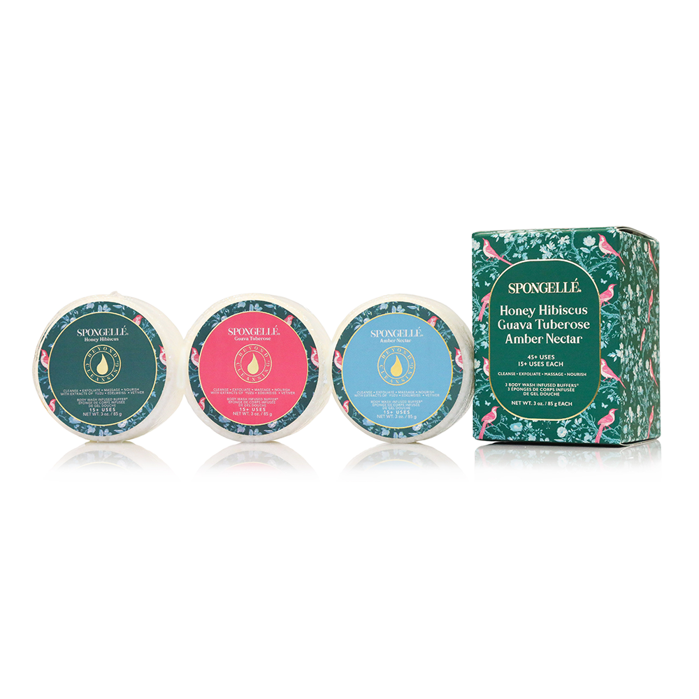 Spongellé Body Buffer Trio Set 11, body wash infused buffers for exfoliating and cleansing skin in a set of three.